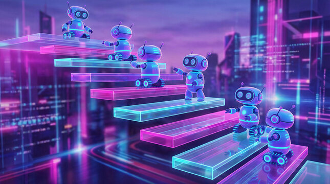 Futuristic ai robot learning concept with cute humanoid robots climbing glowing digital steps, symbolizing artificial intelligence growth, machine learning progress and future technology innovation.