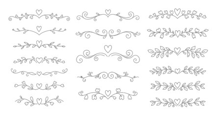 Obraz premium This elegant set of hand-drawn vector dividers, adorned with delicate hearts and intricate floral patterns, is perfect for romantic designs and wedding invitations.