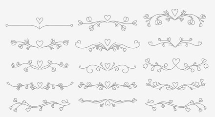 Obraz premium A beautiful collection of hand-drawn line art dividers featuring delicate hearts and floral flourishes, perfect for romantic invitations and elegant design projects.