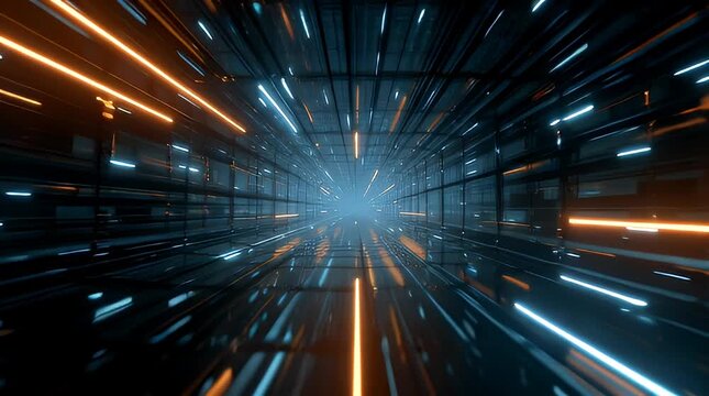 Futuristic digital grid tunnel animation moving forward through a neon-lit technological corridor