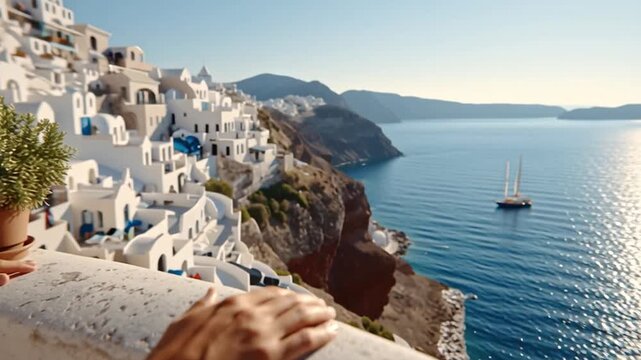 A hand is placed on a railing overlooking a beautiful sea. The scene shows white buildings and a sailboat. It captures a moment of relaxation while on vacation.