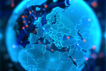 Blue holographic globe with nodes connected around earth. Concept of global network connection, communication technology, fintech, data exchange, worldwide exchange of information and online banking. © Amgun