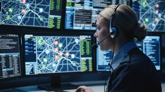 Female emergency dispatcher working in a high-tech control room. 911 operator with headset monitoring digital maps and data on multiple screens. Public safety and emergency response concept
