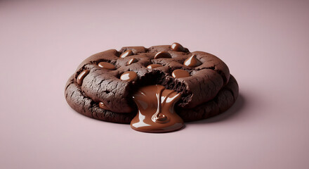 Chocolate cookie with melting chocolate center on pink background wallpaper