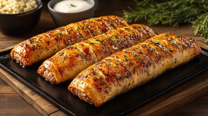 Three grilled sausages with charred grill marks arranged on a wooden board for a smoky barbecue feast