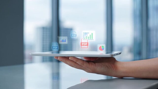 A hand holds a tablet from which PDF documents fly out. Documents and work in business companies.