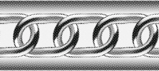 Abstract vector illustration of a seamless halftone oval metal chain pattern in black and white.