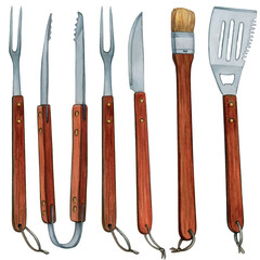 Watercolor hand drawn bbq cooking tools