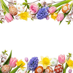 Easter flowers, eggs, and branches border frame decoration isolated on transparent background