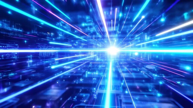 Abstract digital tunnel with glowing lights, a bright sun, and data code lines in shades of blue