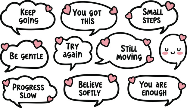 Cute Motivational Speech Bubbles with Quotes Vector Set. Hand Drawn Inspirational Stickers with Hearts, Kawaii Face, and Positive Affirmations. - Powered by Adobe