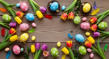 Easter tulips and decorated eggs arrangement on wooden background