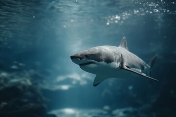 Fototapeta premium Shark swims through clear water in ocean habitat