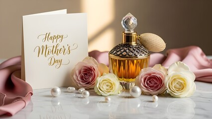 Luxurious mother's day gift with perfume bottle and roses
