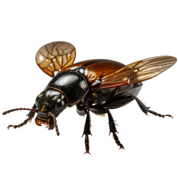 Close up view of black and gold bee on black background with.