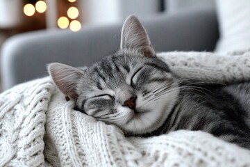 Grey cat sleeps on cozy blanket in warm room