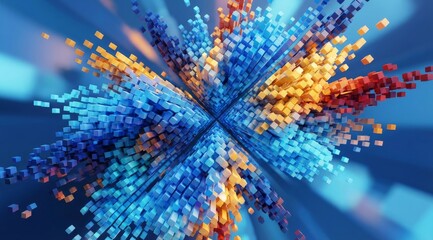 Vibrant Abstract Explosion of Colorful Cubes on a Blue Background.