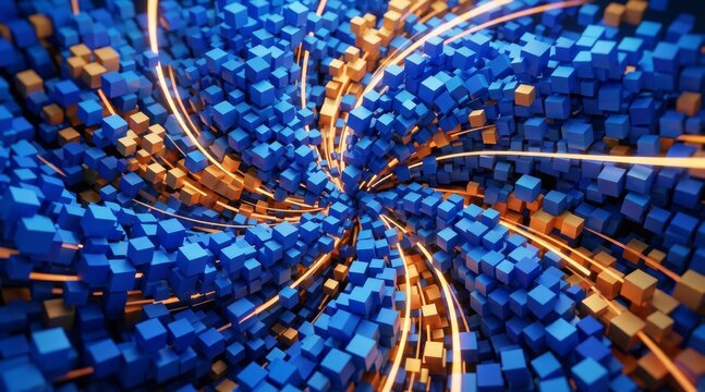Abstract Blue and Orange Cubes with Dynamic Light Trails. - Powered by Adobe