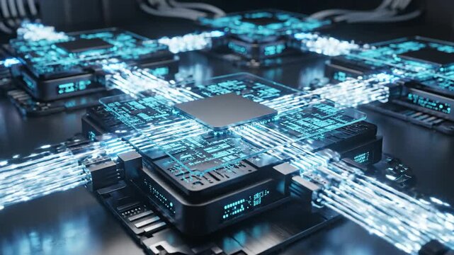 Complex computer system with interconnected chips and luminous cables; abstract technology