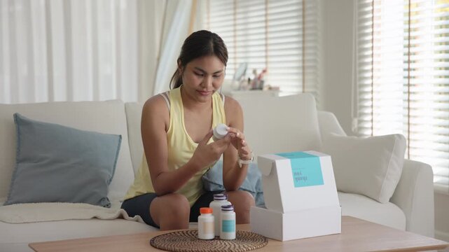 Young asia people woman buy custom tailor made anti aging pill bottle diet immune plan online health care shop open gift box weight loss herbal. Unbox order store clinic home service life balance.