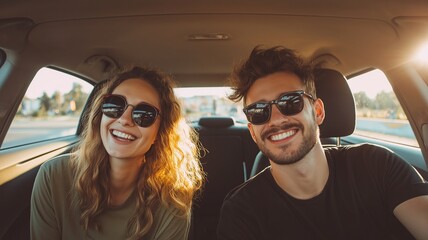A happy young couple enjoying a vehicle journey together. smiling, happiness, travel, lifestyle, and safe driving concepts.