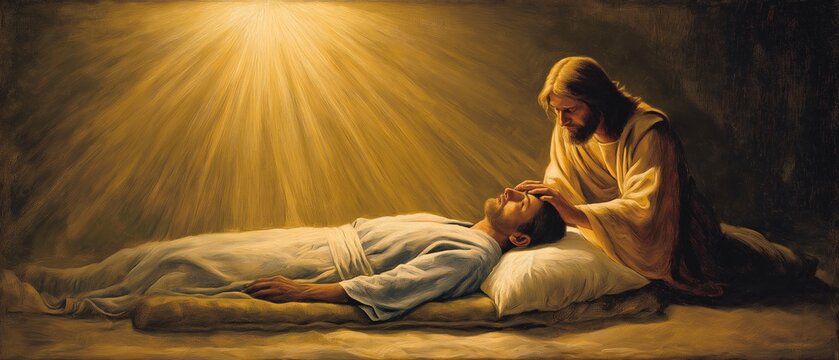 Jesus touched a weak person's forehead as they laying on a plain mat, and His hands glowed brightly.