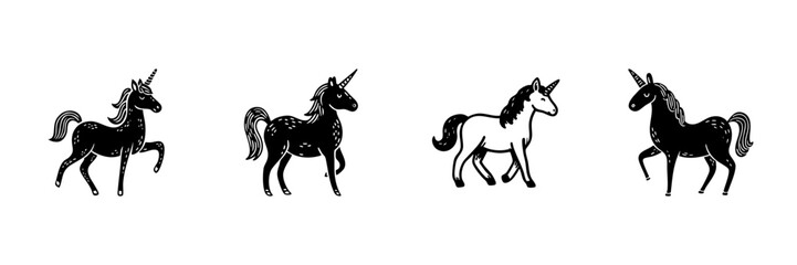 Obraz premium Unicorn Illustrations In Hand Drawn Style Set. Fantasy, Magic, Mythical Creature Doodle Sketch Collection. Whimsical And Enchanting Design. Isolated Vector Illustration