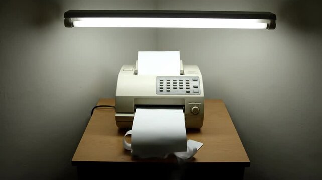 Vintage fax machine on a wooden table under fluorescent light, office equipment.