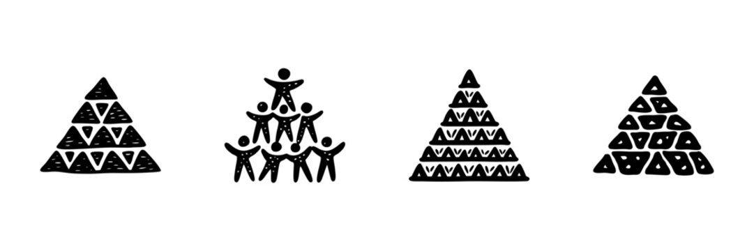 Pyramid And Human Pyramid Icons In Hand Drawn Style Set. Teamwork, Structure, And Hierarchy Doodle Sketch Collection. Collaborative Effort Representation. Isolated Vector Illustration