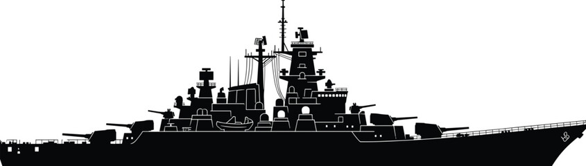 Military warship silhouette illustrating naval battleship power maritime defense and modern navy warfare concept in bold black vector illustration style © Nayan Stock