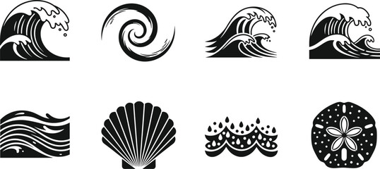Ocean wave icon set featuring sea swells shells and coastal elements illustrating marine nature themes in bold black vector silhouette style