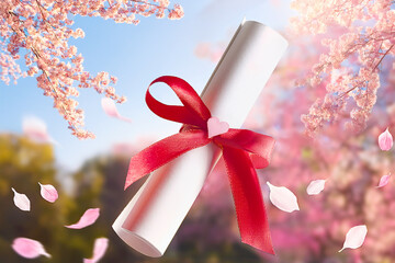 桜バックに卒業証書