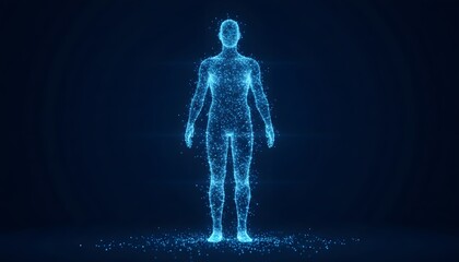 Glowing blue particle human figure in 3 D rendering