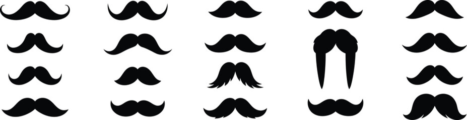 Various moustache types silhouette set for party photo props.