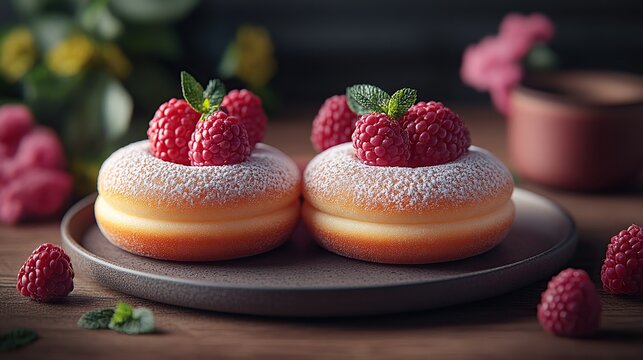 Two Raspberry-Topped Mini Donuts on a Dark Plate with Fresh Berries and Soft Floral Backdrop