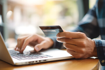 Person using laptop and holding credit card while making online transaction at cafe in the afternoon