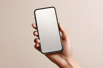 Hand holding a smartphone with a blank screen in a light background setting
