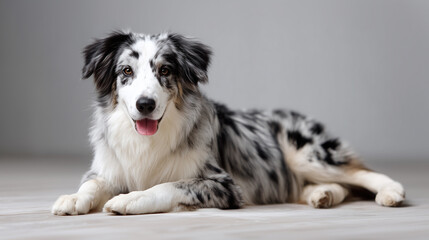 Fototapeta premium Blue merle collie dog lying on a floor and looking at the camera on a neutral background.