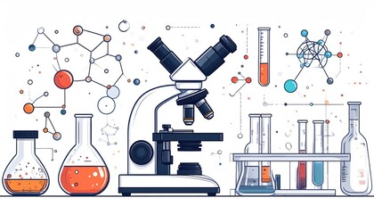 Science Lab Equipment - Microscope, Flasks, Test Tubes, and Molecular Structures.