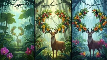 Obraz premium Three Vertical Fantasy Jungle Deer with Fruit and Flower Antlers
