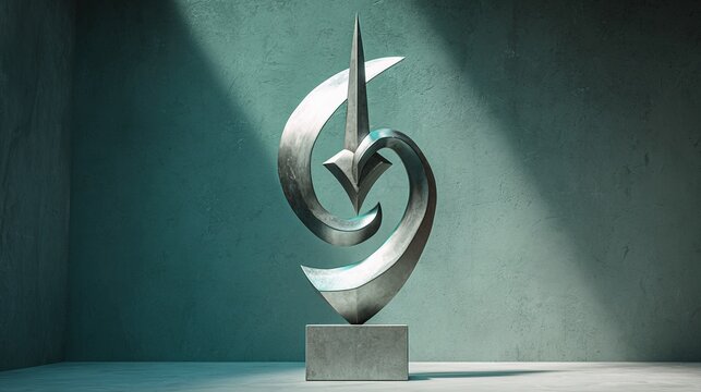 constancy. A sleek modern trophy in the abstract shape of a sword piercing a stylized heart, metallic finish on a simple pedestal. lifestyle magazines.