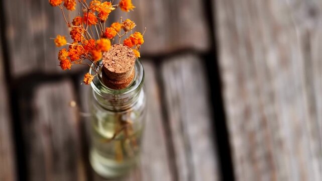 Close-up of orange-flowered sprigs in a small glass bottle with cork stopper on weathered wood