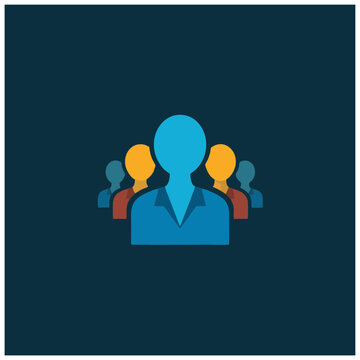 Group of people represented by simple icons in various colors on a dark background, viewed from the front as an illustration