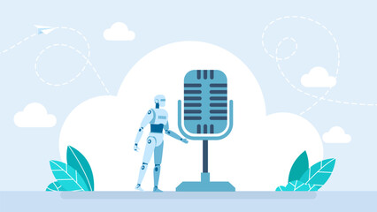 Humanoid robot singing with microphone. Digital Assistant Concept. Virtual Assistant, artificial intelligence, smart technology. Voice assistant. Recording Studio Symbol. Vector illustration