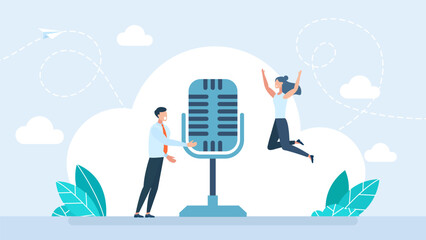 A man with a microphone. Live streaming channel podcasting and broadcasting media. Two friends are broadcasting online podcast with happy and fun expression. Vector illustration