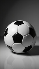Naklejka premium Classic black and white soccer ball, featuring traditional hexagonal pattern, sits on reflective surface, creating striking visual contrast