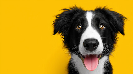 Fototapeta premium Cute black and white border collie puppy with tongue out against a vibrant yellow background with copy space.