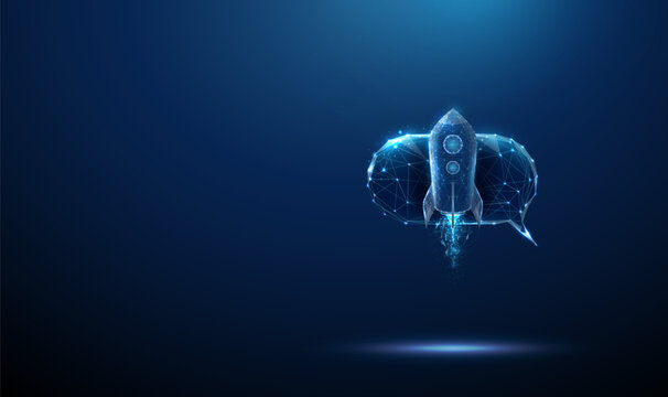 Speech bubble with a rocket icon. AI chatbots, accelerated messaging, rapid customer support, innovation, startup growth, digital transformation concept.