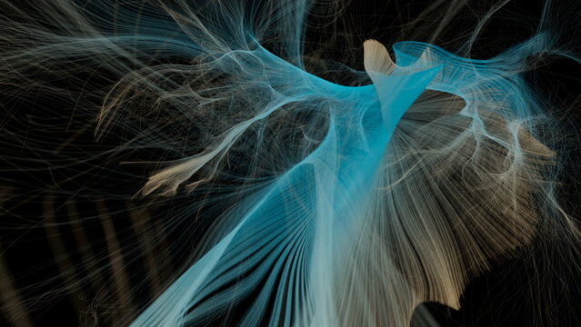 Organic data network visualization. Fine, thread-like lines form an abstract representation of neural fibers in motion. Can be used as a texture or background for design projects, scenes, etc. 