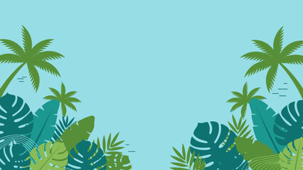 Tropical Palm Trees and Lush Green Leaves on a Bright Blue Sky Background.